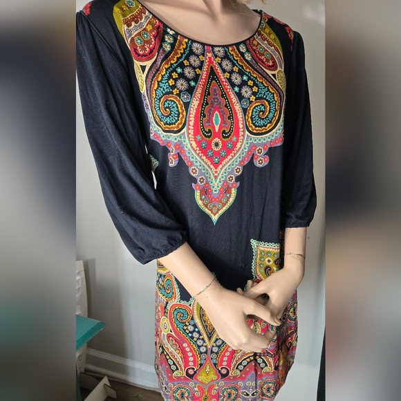 Cha Cha Vente Black Dress/Tunic with Multicolor Paisley. Excellent Condition - Picture 1 of 7